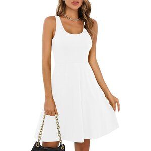 Women's Sleeveless Racerback Flared Tank Dress Casual Summer White Medium